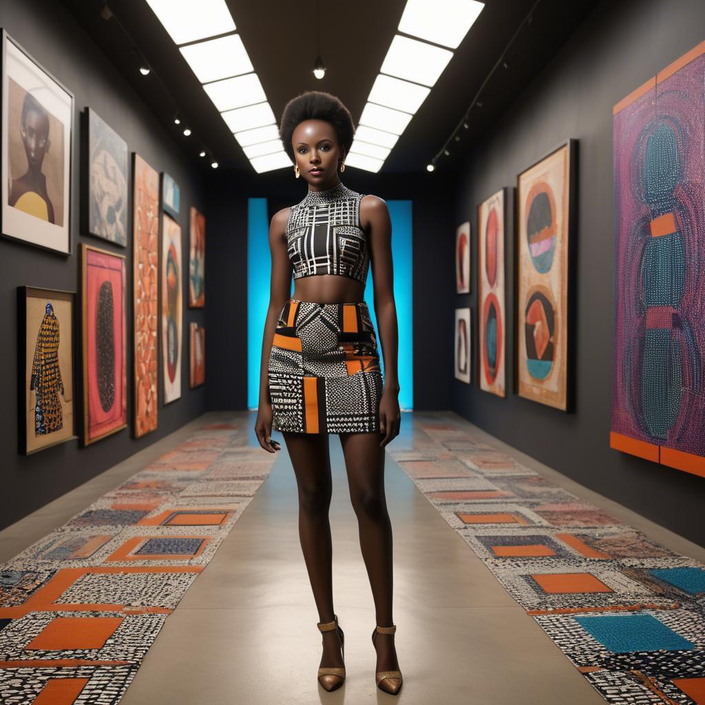 A stunning image of rwandan starlet dressed in bold geometric patterns, glowing under modern gallery spotlights.