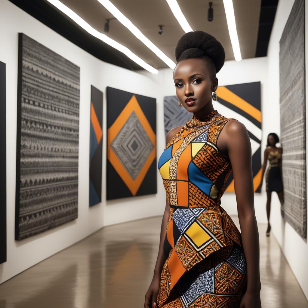 A stunning image of rwandan starlet dressed in bold geometric patterns, glowing under modern gallery spotlights.