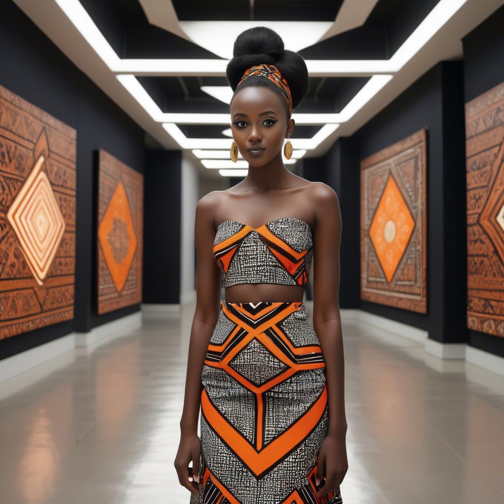 A stunning image of rwandan starlet dressed in bold geometric patterns, glowing under modern gallery spotlights.