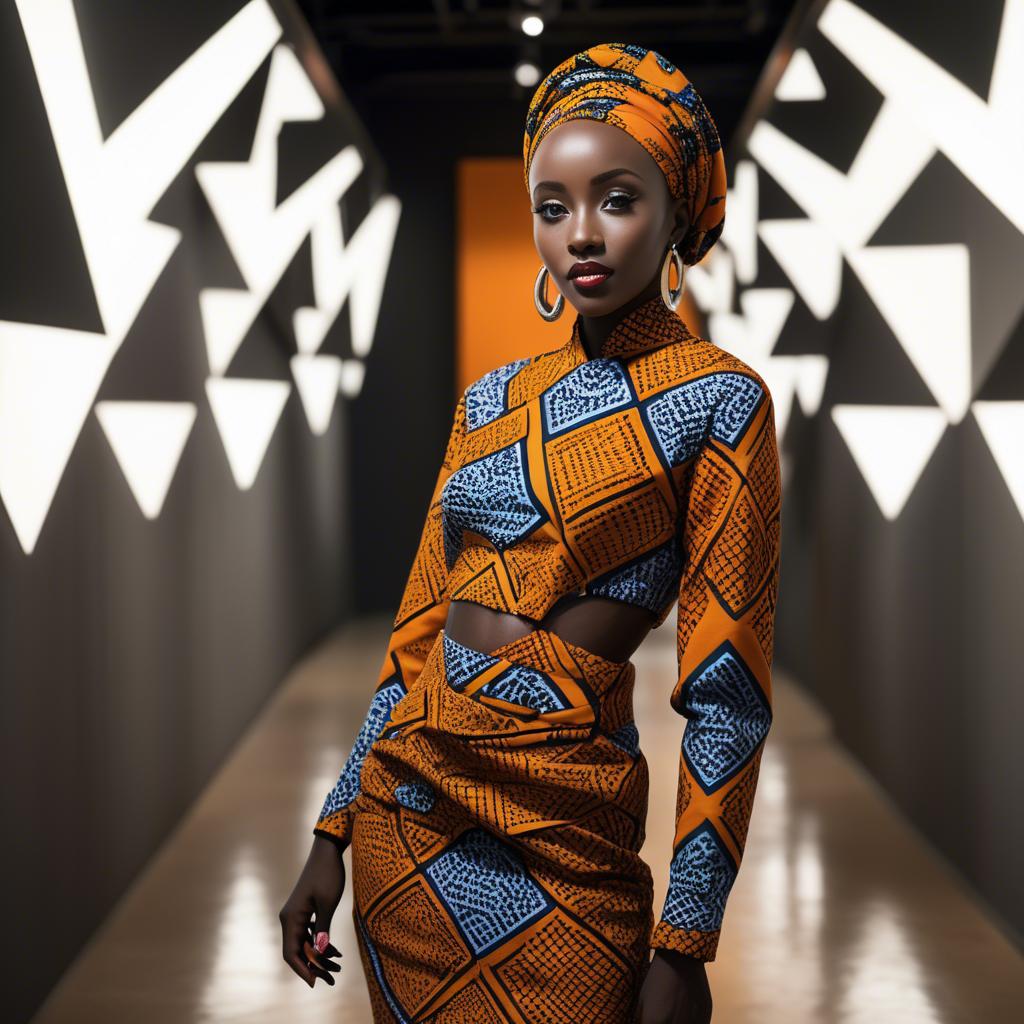 A stunning image of rwandan starlet dressed in bold geometric patterns, glowing under modern gallery spotlights.