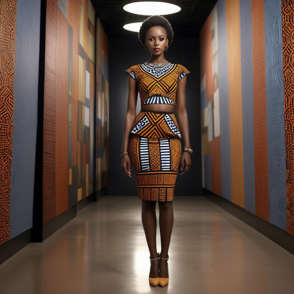 A stunning image of rwandan starlet dressed in bold geometric patterns, glowing under modern gallery spotlights.