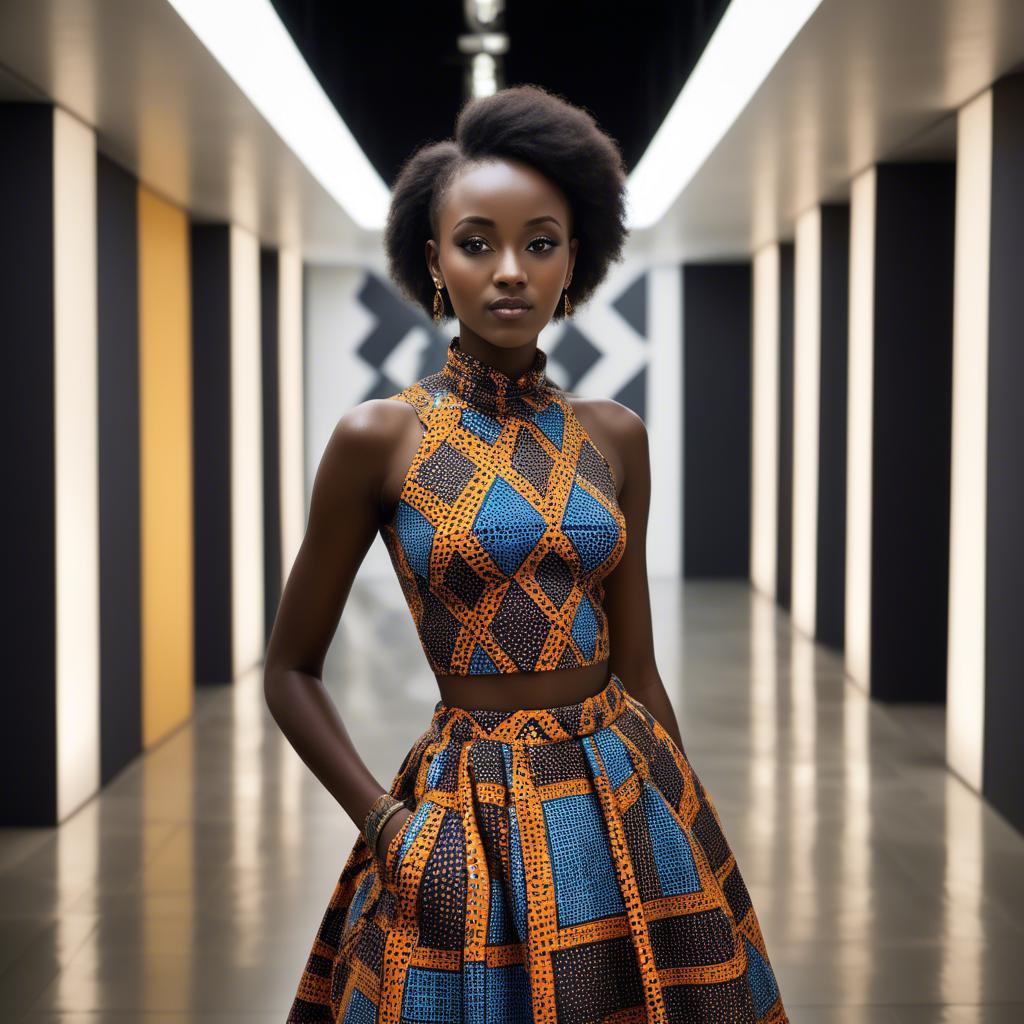 A stunning image of rwandan starlet dressed in bold geometric patterns, glowing under modern gallery spotlights.
