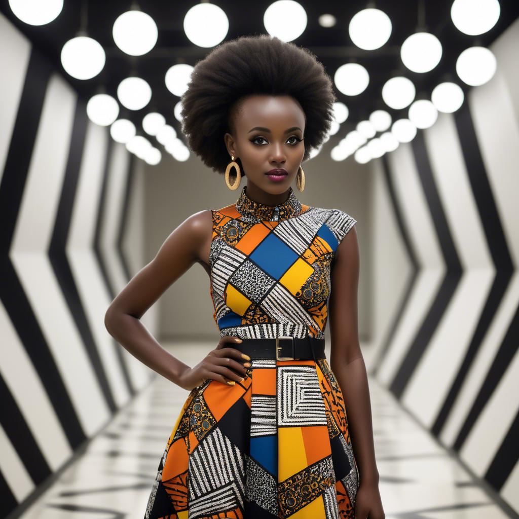 A stunning image of rwandan starlet dressed in bold geometric patterns, glowing under modern gallery spotlights.