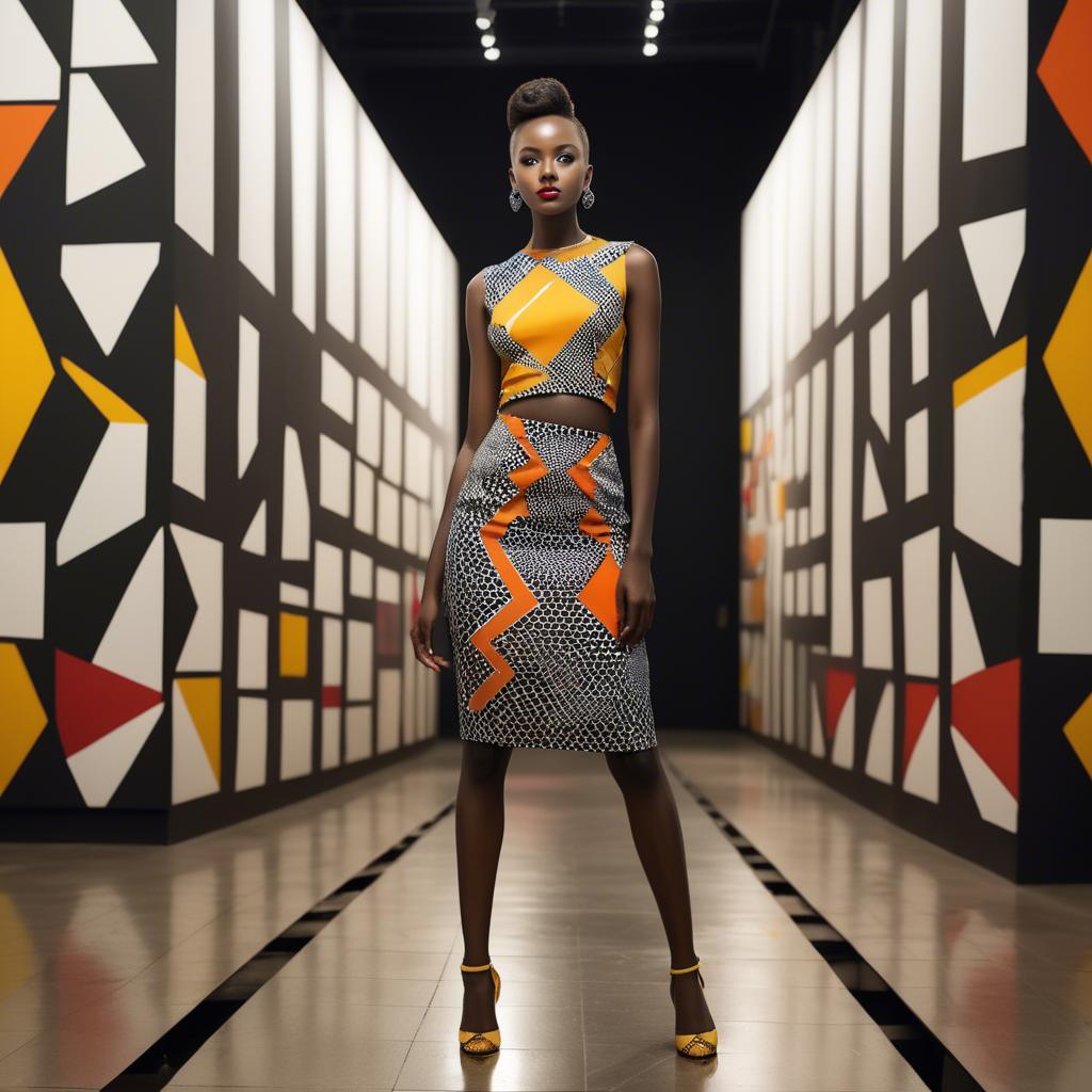 A stunning image of rwandan starlet dressed in bold geometric patterns, glowing under modern gallery spotlights.
