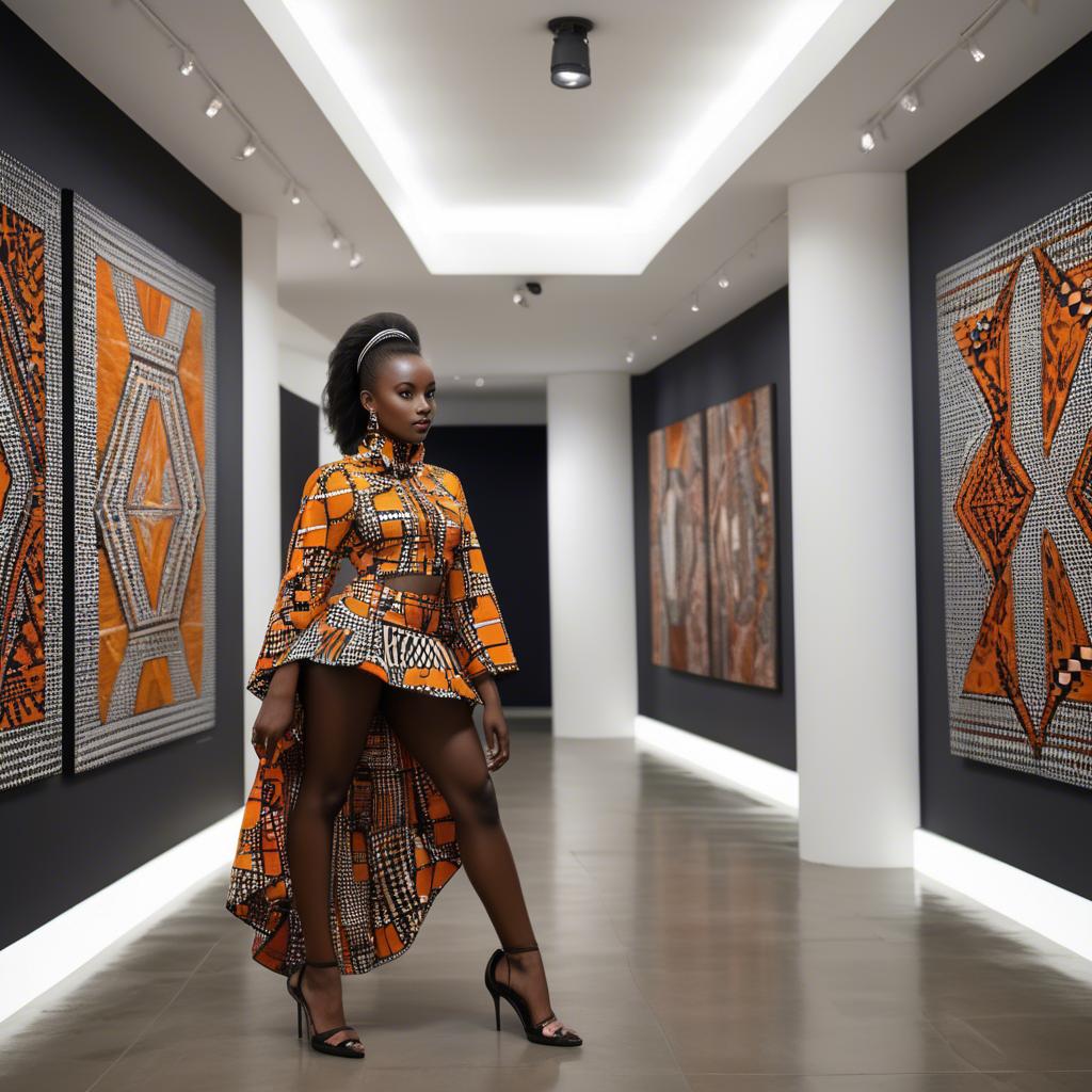 A stunning image of rwandan starlet dressed in bold geometric patterns, glowing under modern gallery spotlights.