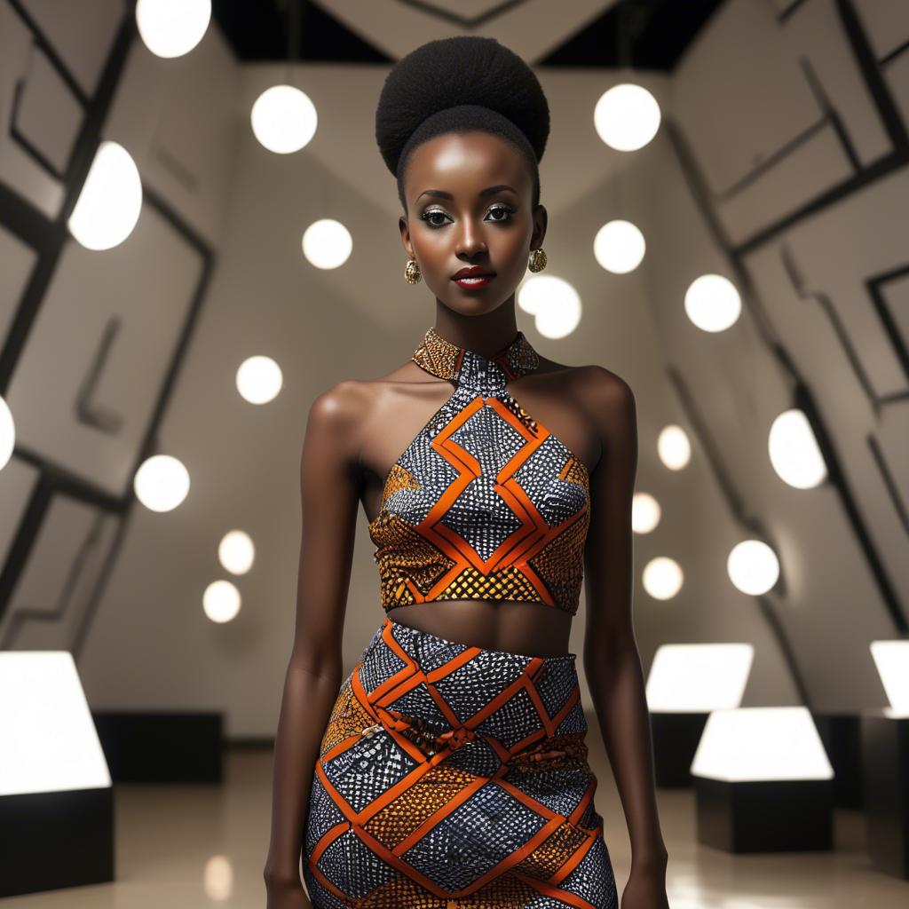 A stunning image of rwandan starlet dressed in bold geometric patterns, glowing under modern gallery spotlights.