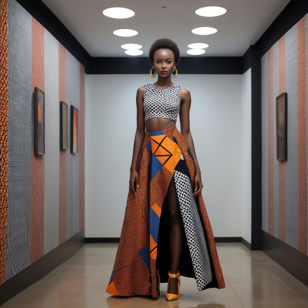 A stunning image of rwandan starlet dressed in bold geometric patterns, glowing under modern gallery spotlights.