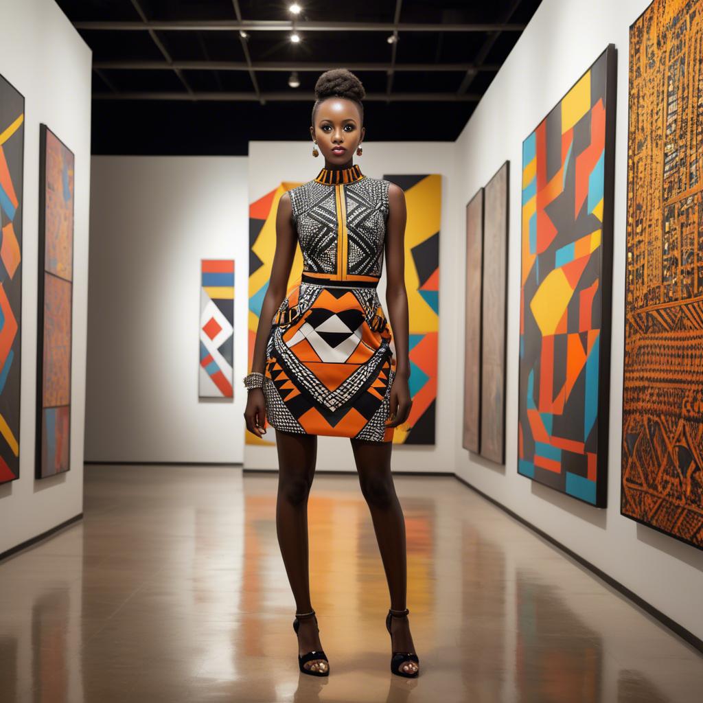 A stunning image of rwandan starlet dressed in bold geometric patterns, glowing under modern gallery spotlights.