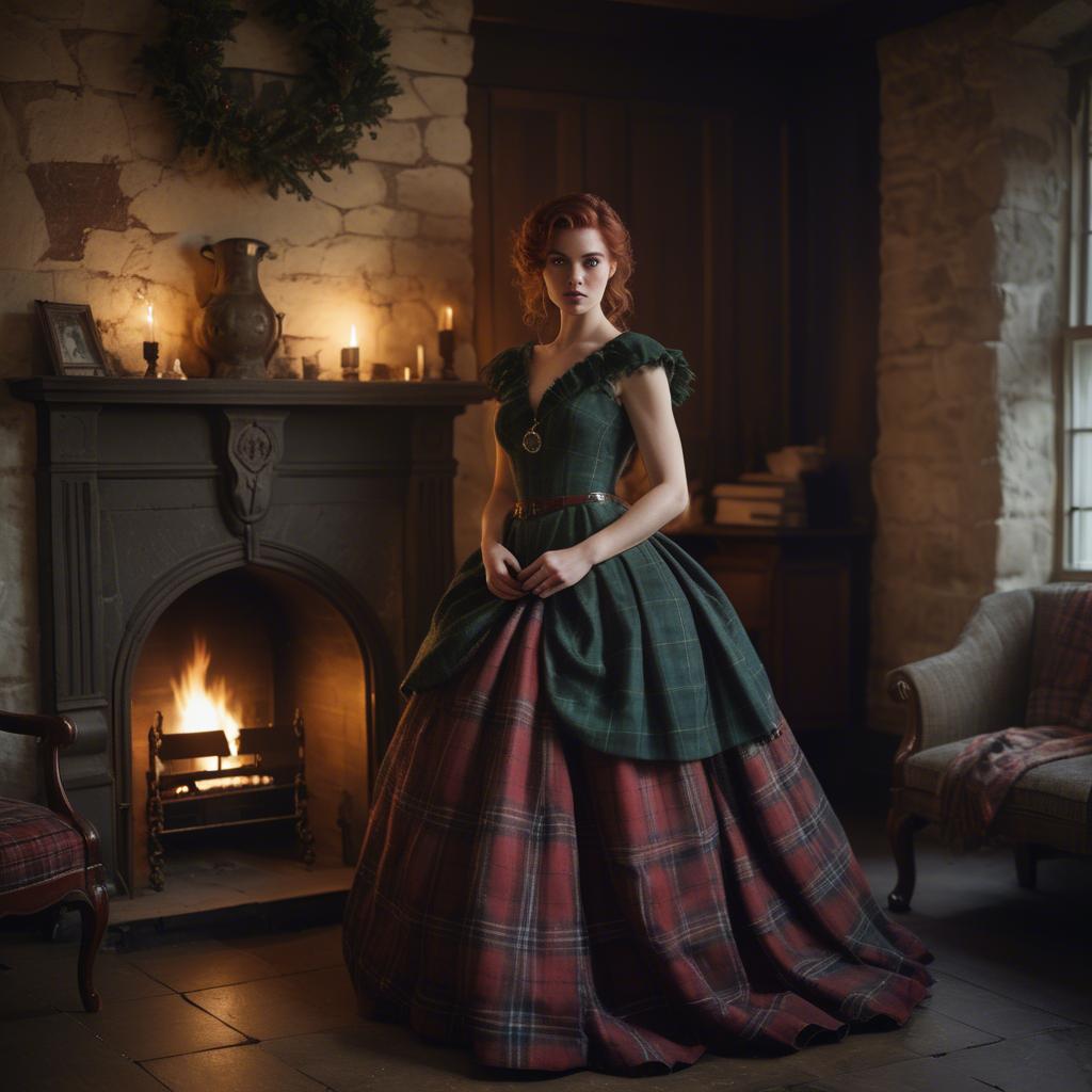 A stunning image of scottish enchantress wearing a tartan-inspired gown softly lit near a vintage fireplace.