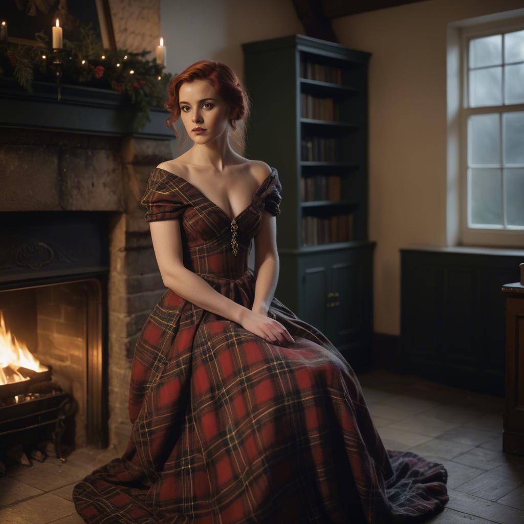A stunning image of scottish enchantress wearing a tartan-inspired gown softly lit near a vintage fireplace.