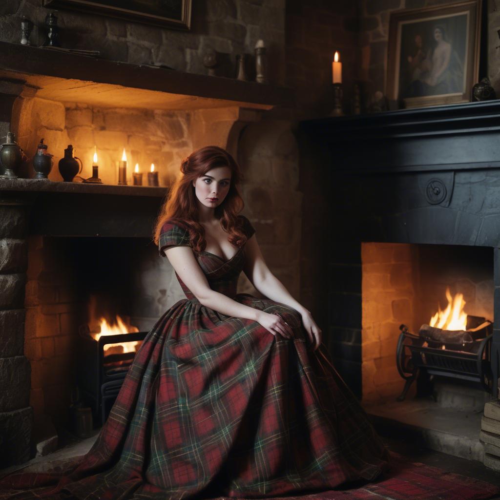 A stunning image of scottish enchantress wearing a tartan-inspired gown softly lit near a vintage fireplace.
