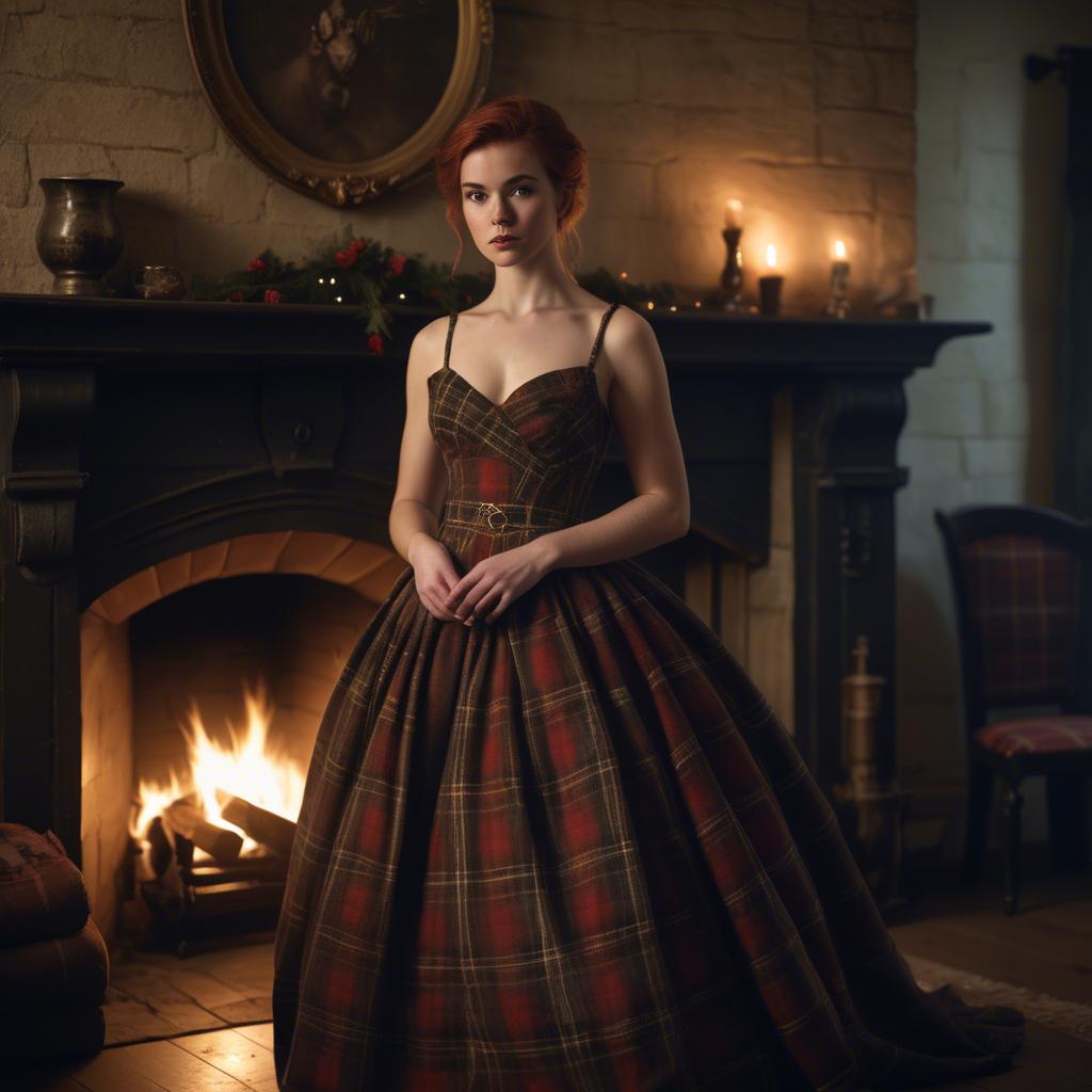 A stunning image of scottish enchantress wearing a tartan-inspired gown softly lit near a vintage fireplace.