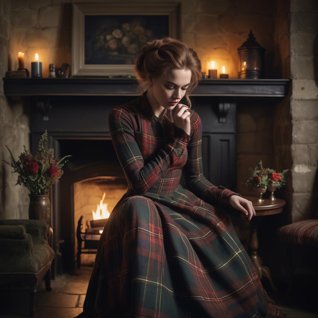 A stunning image of scottish enchantress wearing a tartan-inspired gown softly lit near a vintage fireplace.