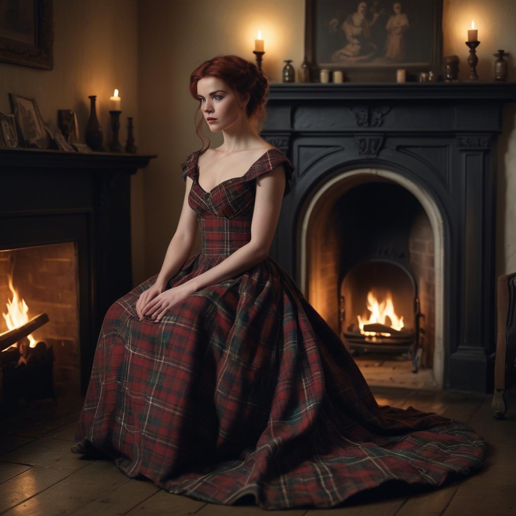 A stunning image of scottish enchantress wearing a tartan-inspired gown softly lit near a vintage fireplace.