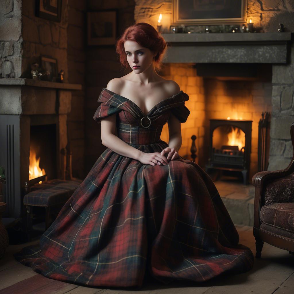 A stunning image of scottish enchantress wearing a tartan-inspired gown softly lit near a vintage fireplace.