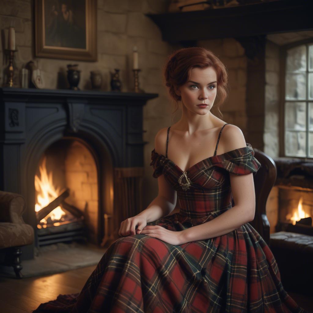 A stunning image of scottish enchantress wearing a tartan-inspired gown softly lit near a vintage fireplace.