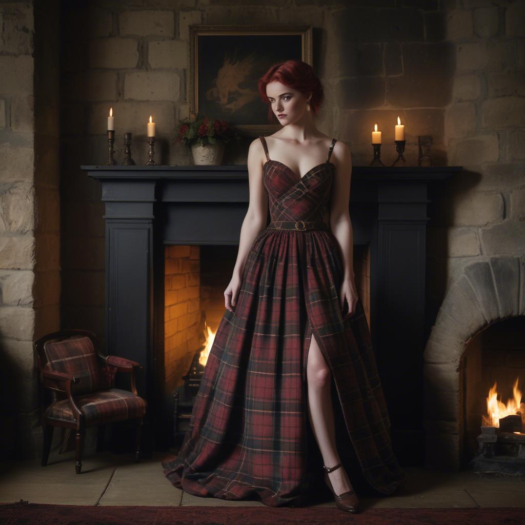 A stunning image of scottish enchantress wearing a tartan-inspired gown softly lit near a vintage fireplace.