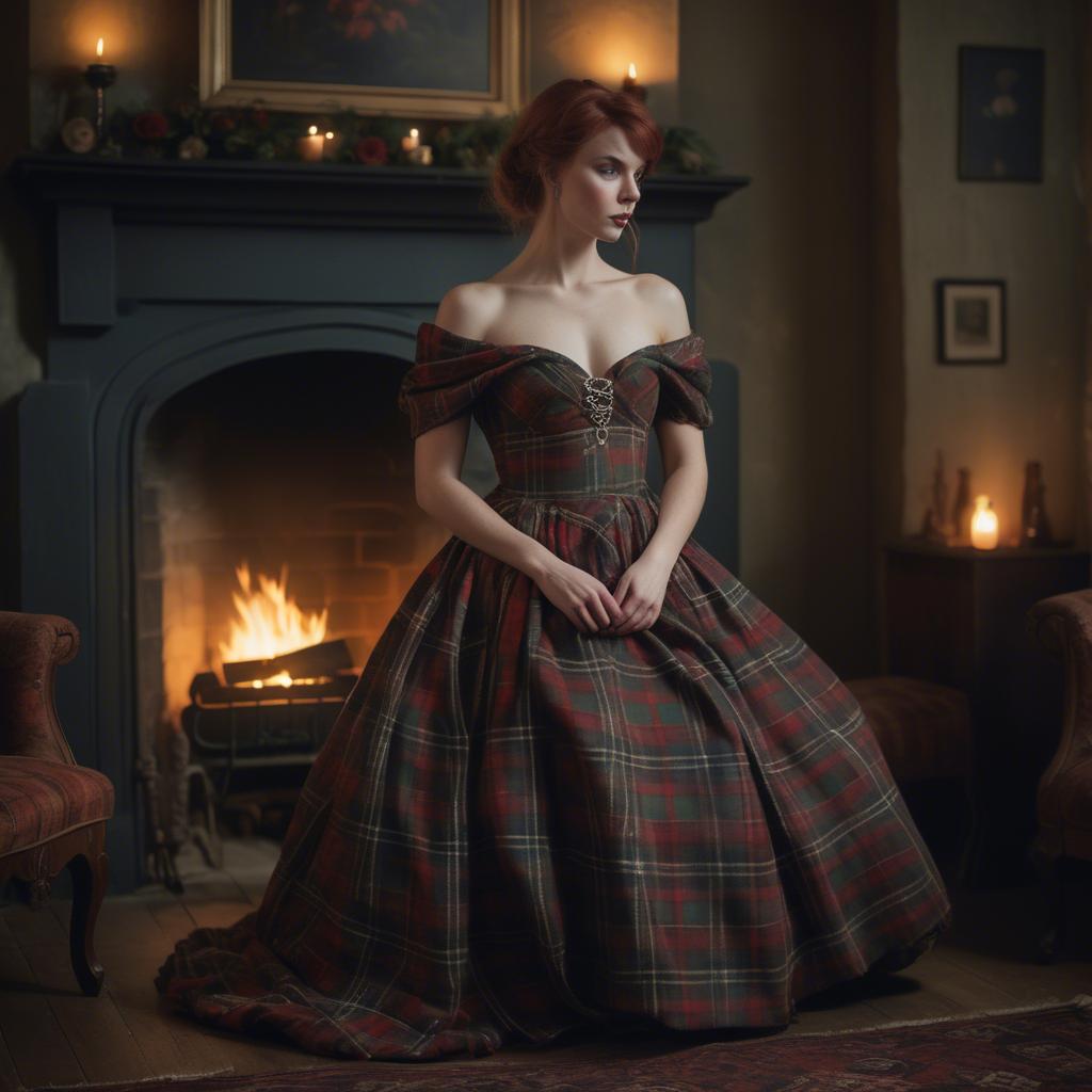 A stunning image of scottish enchantress wearing a tartan-inspired gown softly lit near a vintage fireplace.