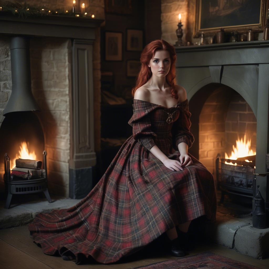A stunning image of scottish enchantress wearing a tartan-inspired gown softly lit near a vintage fireplace.