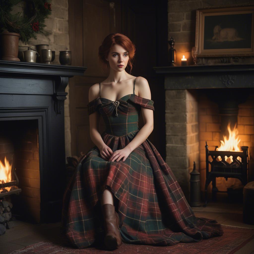 A stunning image of scottish enchantress wearing a tartan-inspired gown softly lit near a vintage fireplace.