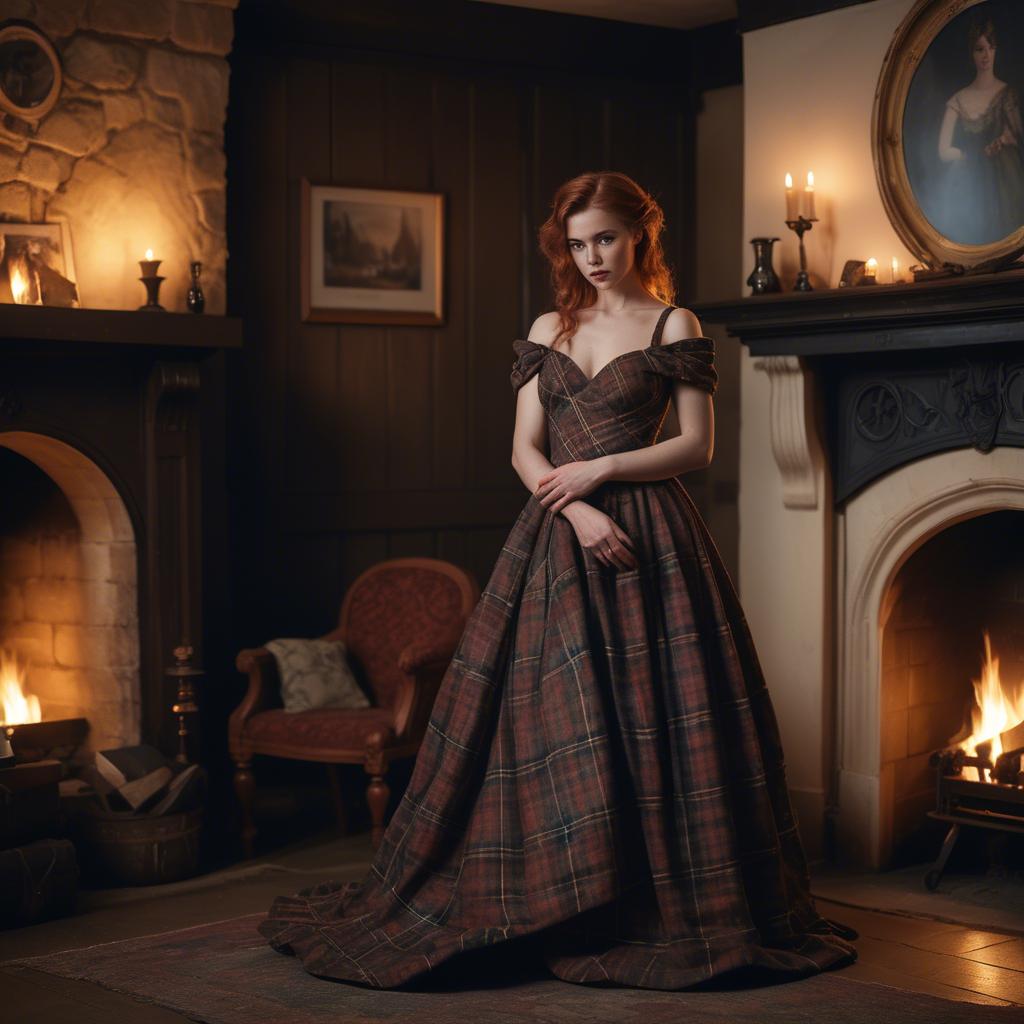 A stunning image of scottish enchantress wearing a tartan-inspired gown softly lit near a vintage fireplace.