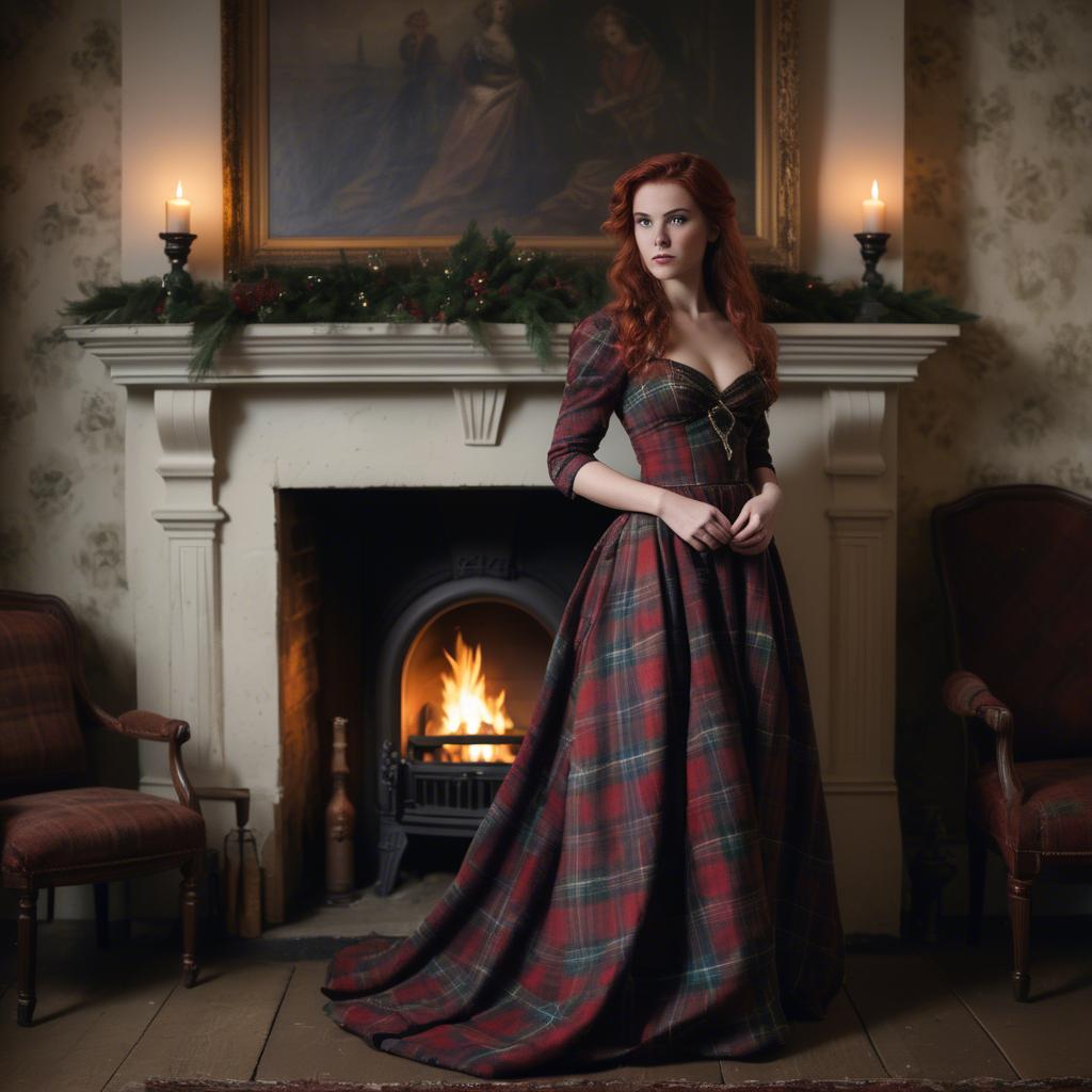 A stunning image of scottish enchantress wearing a tartan-inspired gown softly lit near a vintage fireplace.
