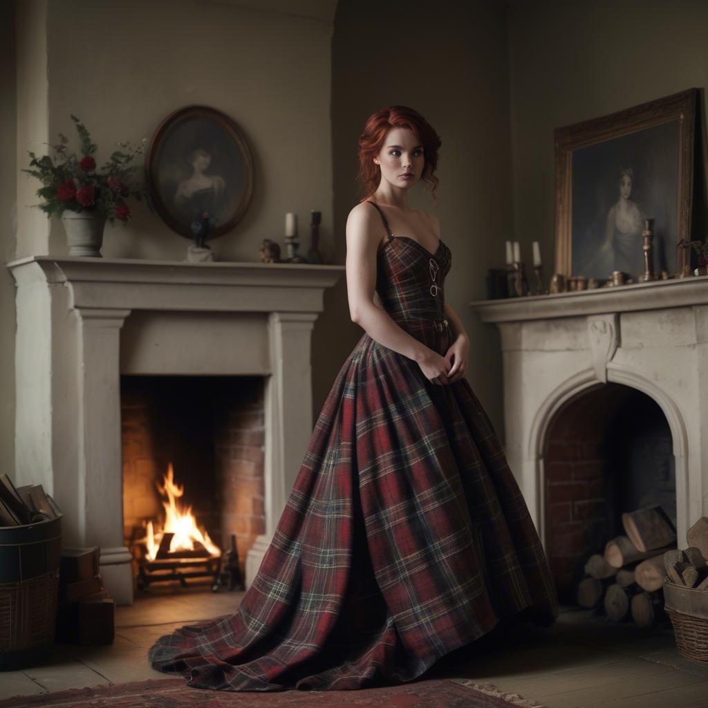 A stunning image of scottish enchantress wearing a tartan-inspired gown softly lit near a vintage fireplace.