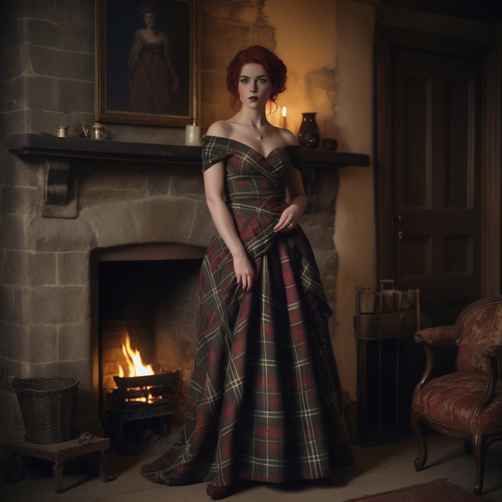 A stunning image of scottish enchantress wearing a tartan-inspired gown softly lit near a vintage fireplace.