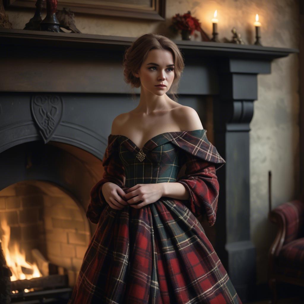 A stunning image of scottish enchantress wearing a tartan-inspired gown softly lit near a vintage fireplace.