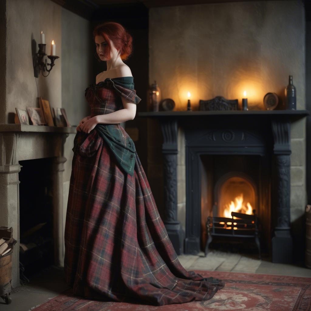 A stunning image of scottish enchantress wearing a tartan-inspired gown softly lit near a vintage fireplace.
