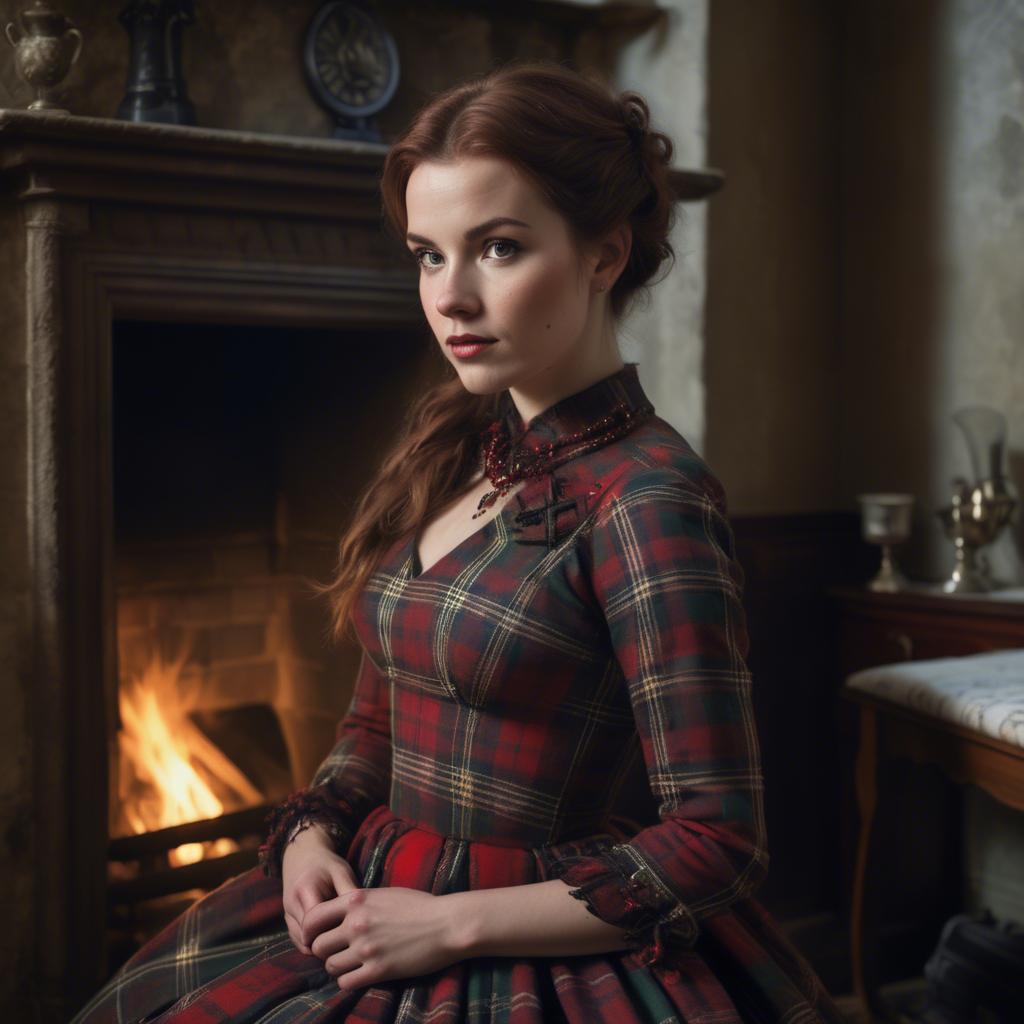 A stunning image of scottish enchantress wearing a tartan-inspired gown softly lit near a vintage fireplace.