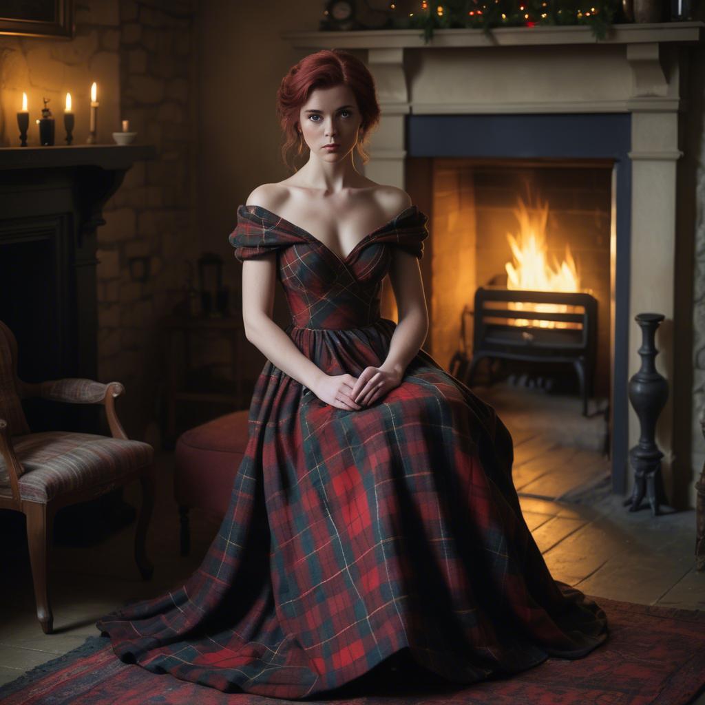 A stunning image of scottish enchantress wearing a tartan-inspired gown softly lit near a vintage fireplace.
