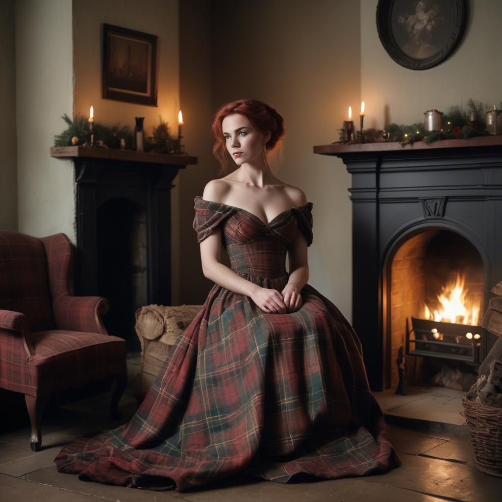 A stunning image of scottish enchantress wearing a tartan-inspired gown softly lit near a vintage fireplace.