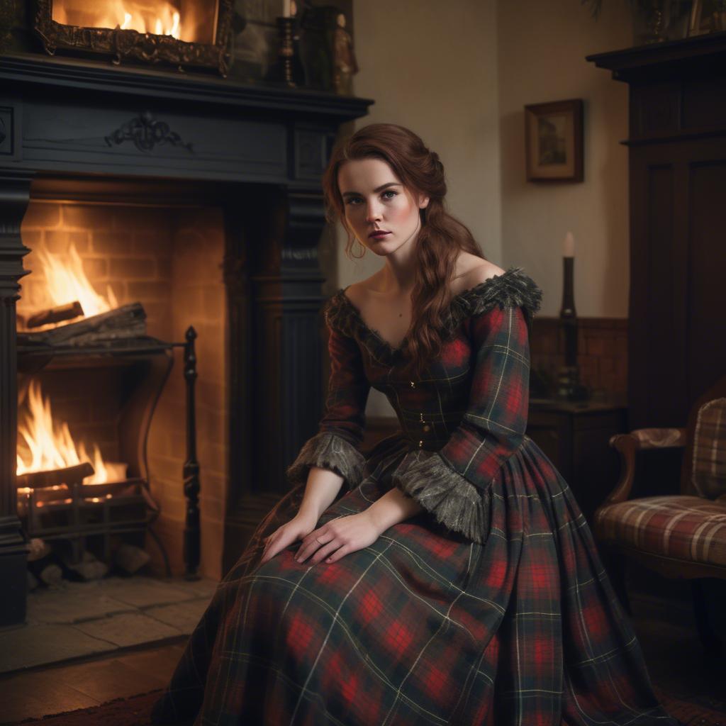 A stunning image of scottish enchantress wearing a tartan-inspired gown softly lit near a vintage fireplace.