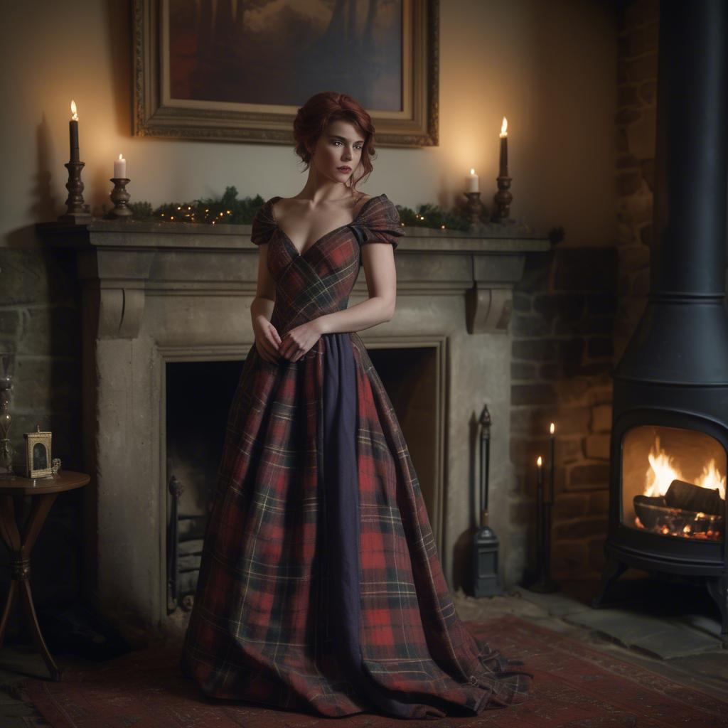 A stunning image of scottish enchantress wearing a tartan-inspired gown softly lit near a vintage fireplace.
