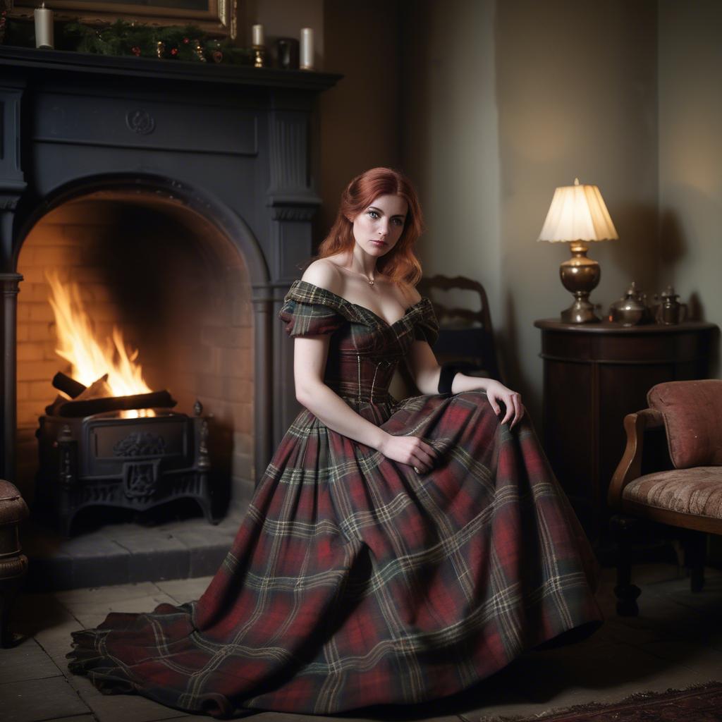 A stunning image of scottish enchantress wearing a tartan-inspired gown softly lit near a vintage fireplace.