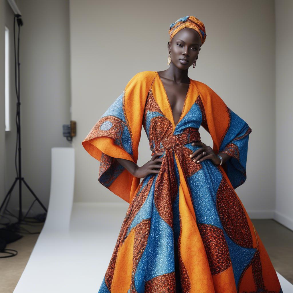 A stunning image of senegalese star wearing vibrant patterned couture radiating confidence against airy studios.