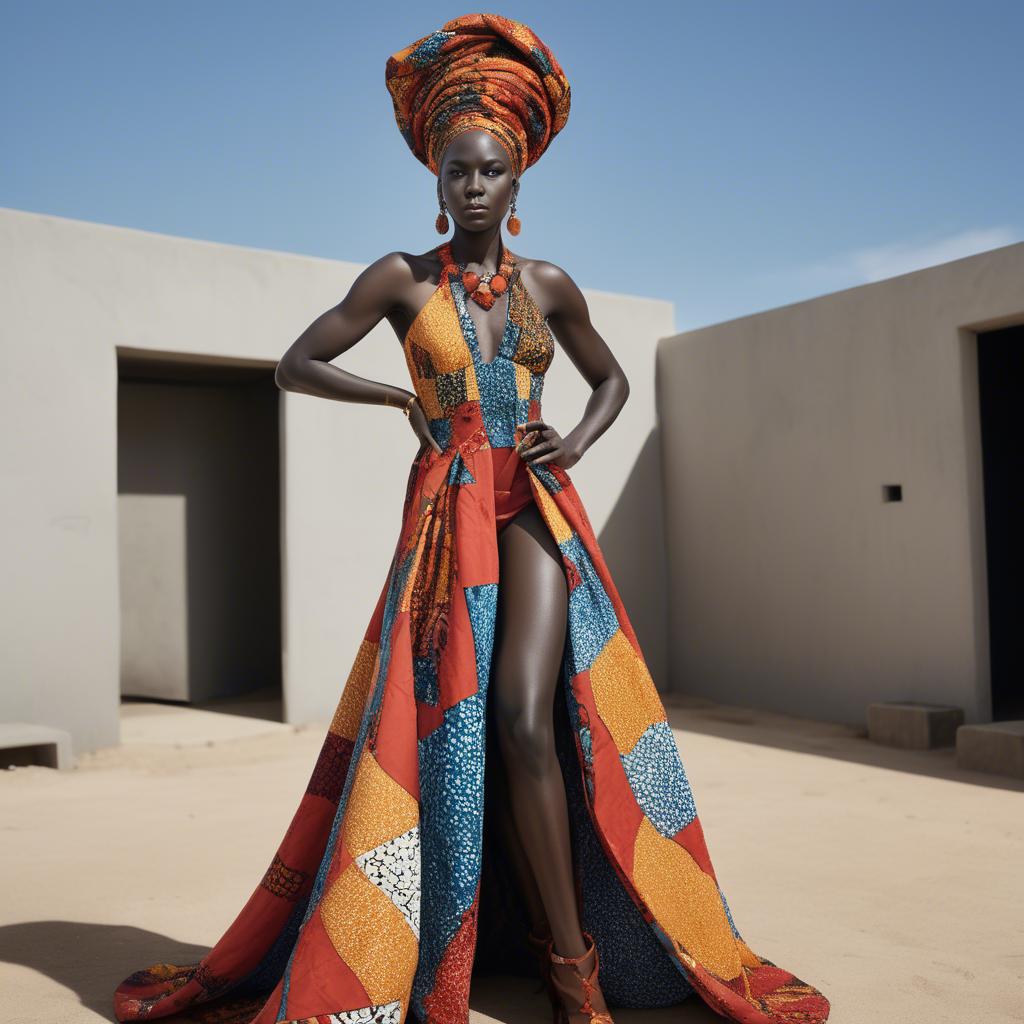A stunning image of senegalese star wearing vibrant patterned couture radiating confidence against airy studios.