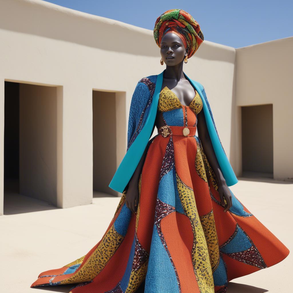 A stunning image of senegalese star wearing vibrant patterned couture radiating confidence against airy studios.