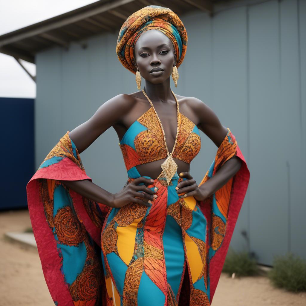 A stunning image of senegalese star wearing vibrant patterned couture radiating confidence against airy studios.