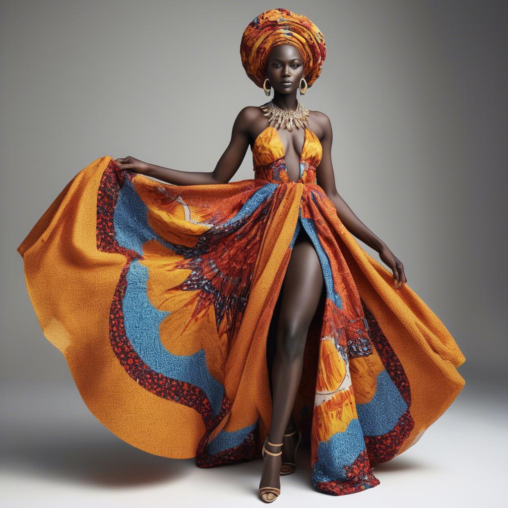 A stunning image of senegalese star wearing vibrant patterned couture radiating confidence against airy studios.