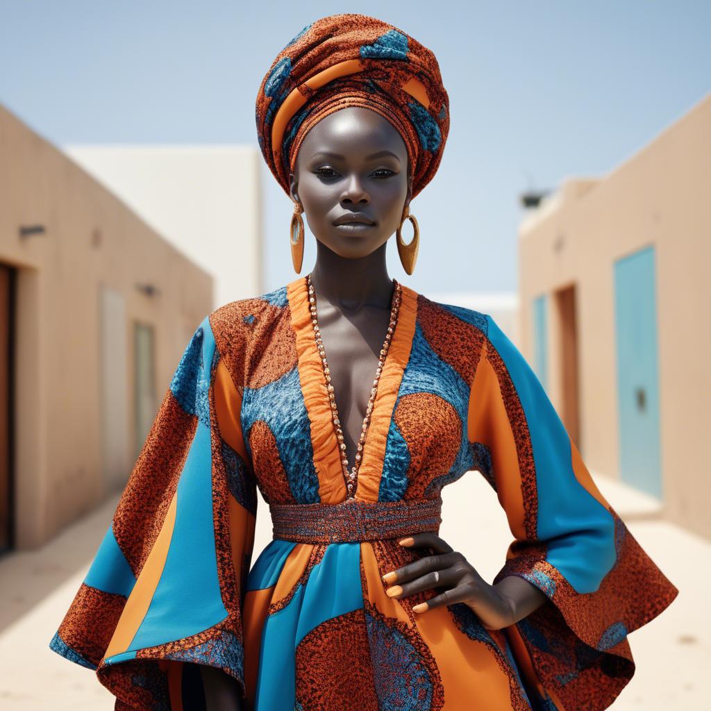 A stunning image of senegalese star wearing vibrant patterned couture radiating confidence against airy studios.