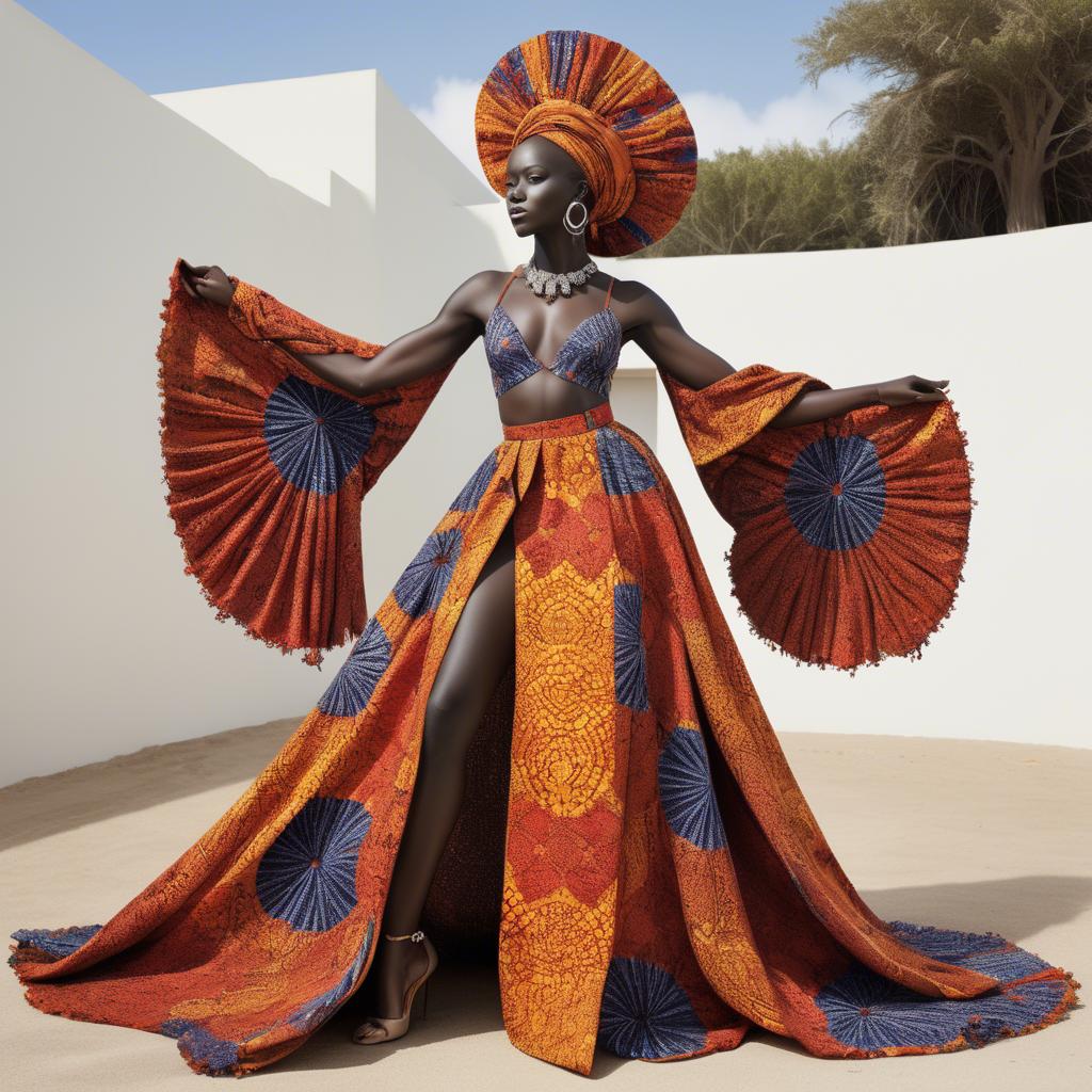 A stunning image of senegalese star wearing vibrant patterned couture radiating confidence against airy studios.