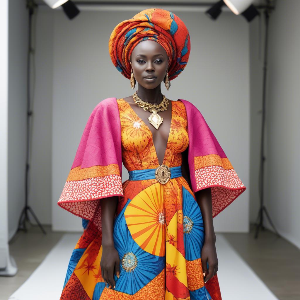 A stunning image of senegalese star wearing vibrant patterned couture radiating confidence against airy studios.