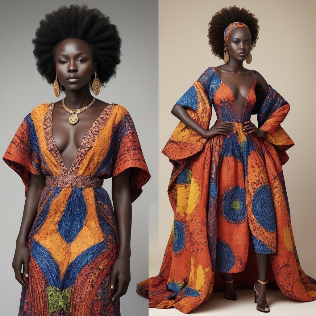 A stunning image of senegalese star wearing vibrant patterned couture radiating confidence against airy studios.