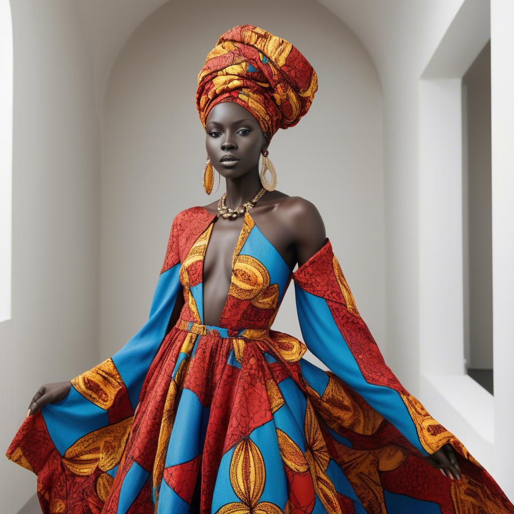 A stunning image of senegalese star wearing vibrant patterned couture radiating confidence against airy studios.