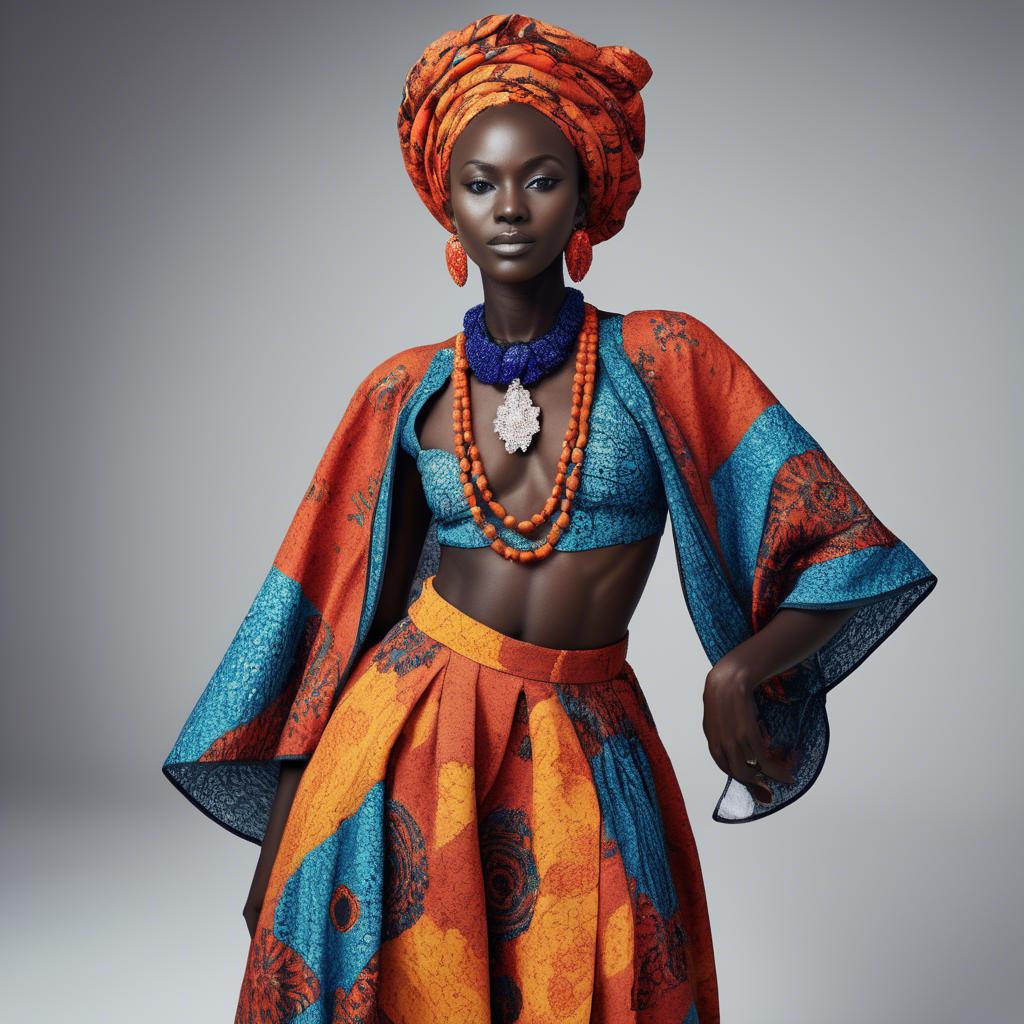 A stunning image of senegalese star wearing vibrant patterned couture radiating confidence against airy studios.