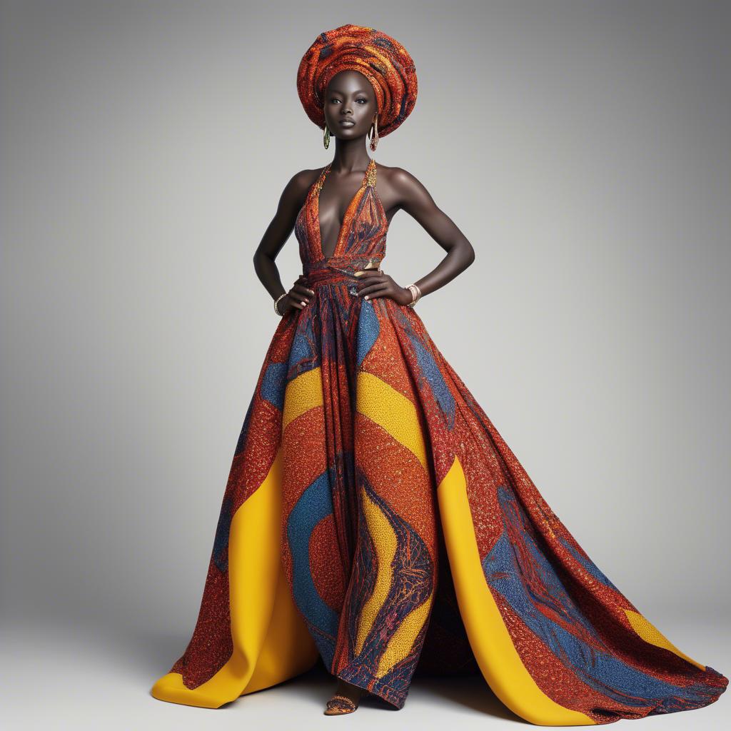 A stunning image of senegalese star wearing vibrant patterned couture radiating confidence against airy studios.