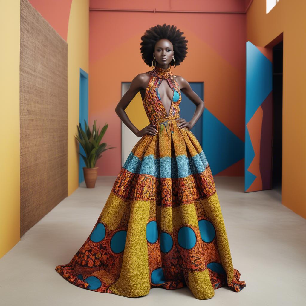 A stunning image of senegalese star wearing vibrant patterned couture radiating confidence against airy studios.