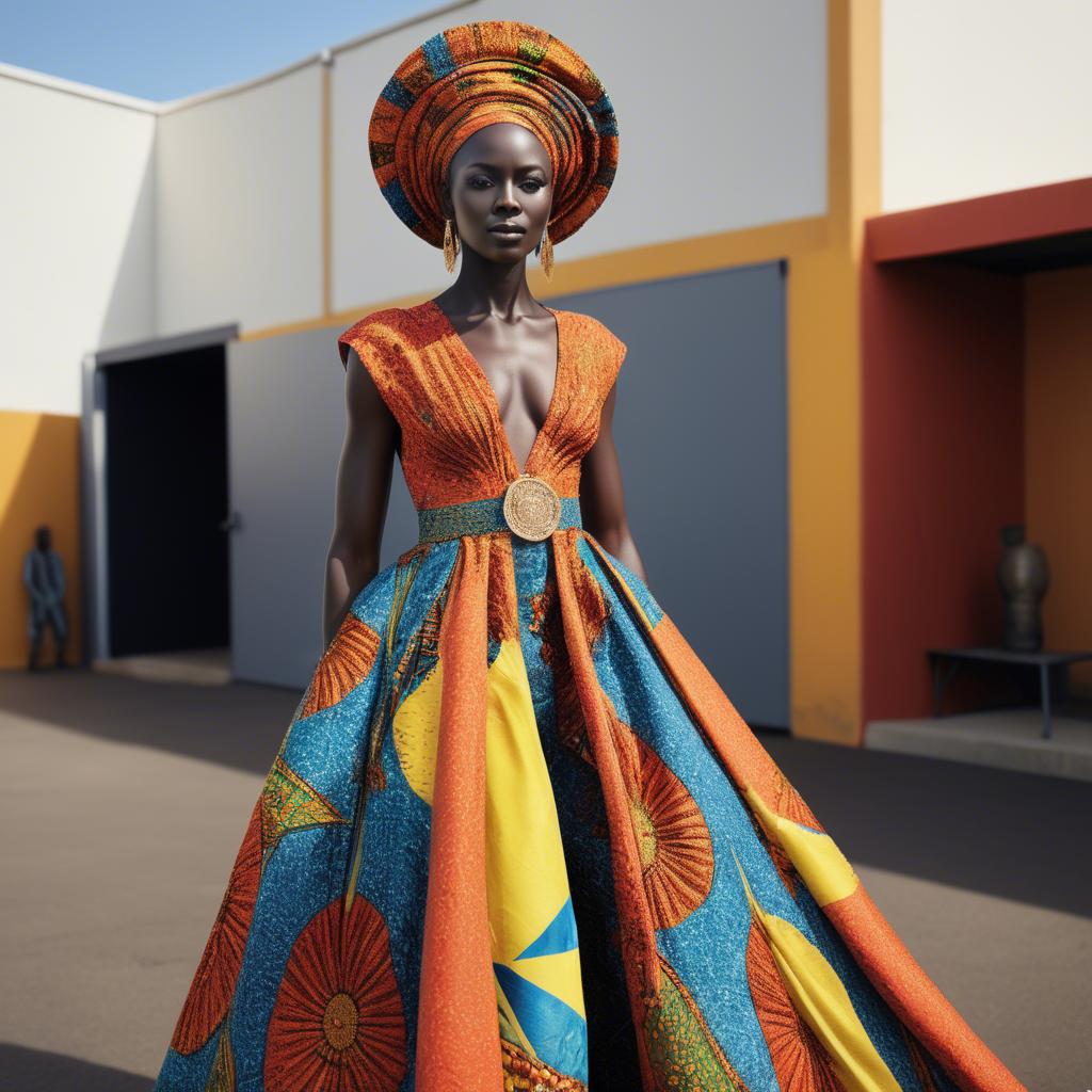 A stunning image of senegalese star wearing vibrant patterned couture radiating confidence against airy studios.